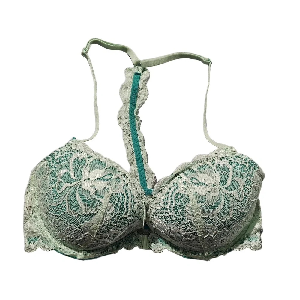 PINK Victorias Secret Bra Womens 32D Green Lace Front Clasp Pushup Underwire‎